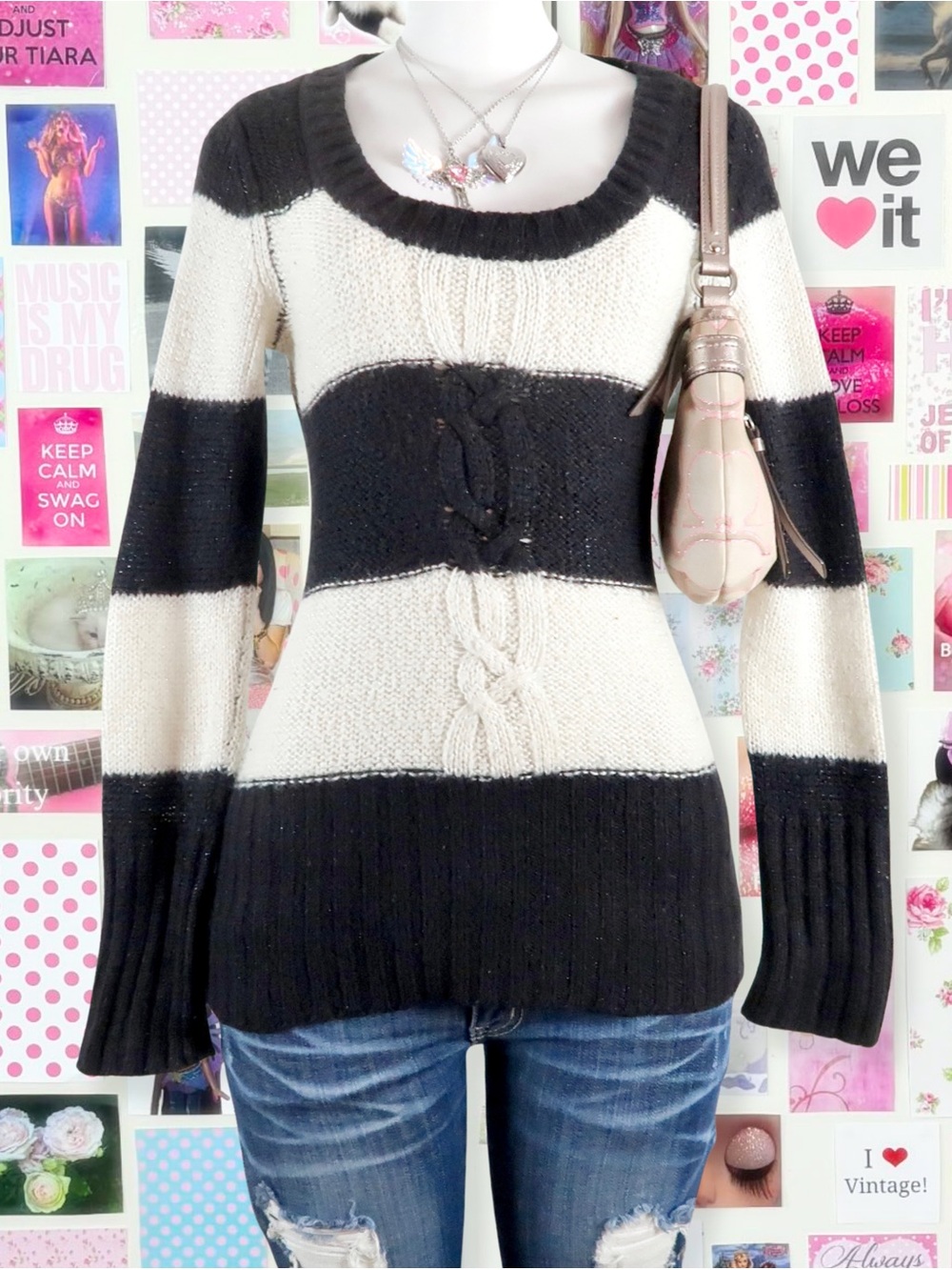 vintage Arizona Jeans black cream striped sweater y2k 90s 2000s